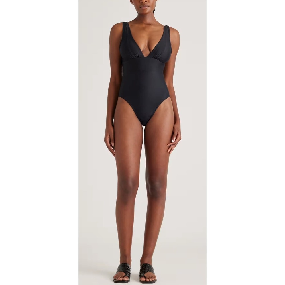 NWT Quince Italian Plunge One Piece Swimsuit, Black, Sz L
